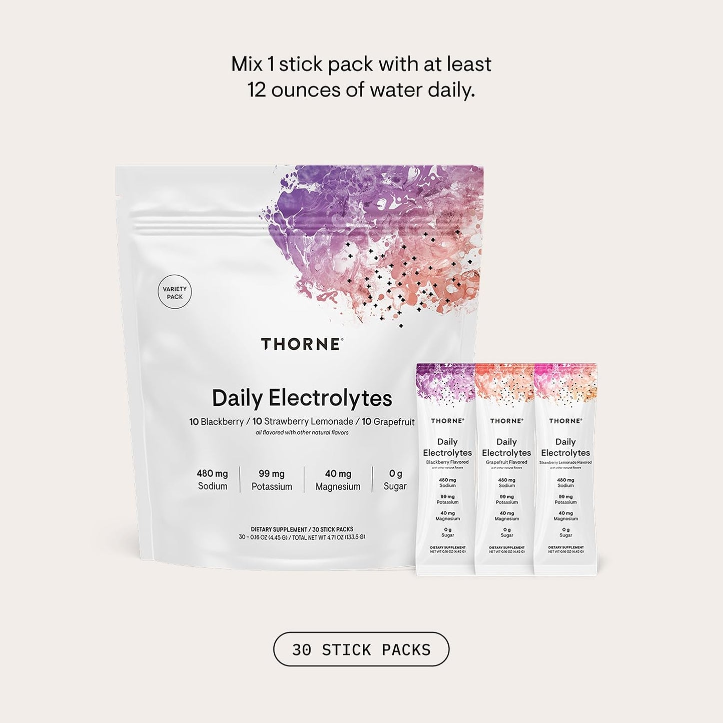 THORNE Daily Electrolytes, Electrolyte Powder Drink Mix, 30 Stick Packs